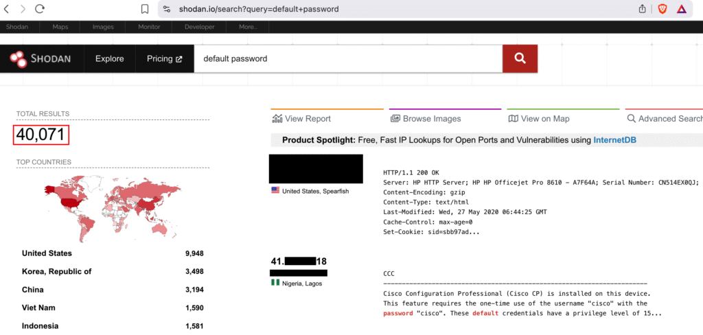 Publicly available default credentials