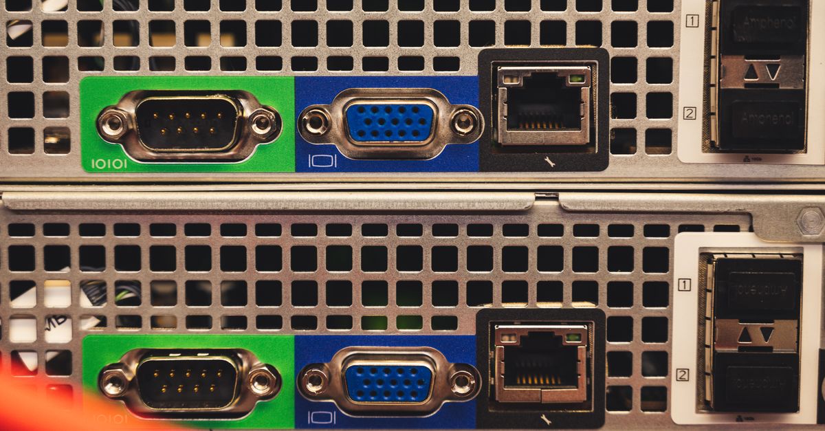 Close-up of server rack rear ports, the kind of ESX hardware affected by the VMware vCenter vulnerabilities