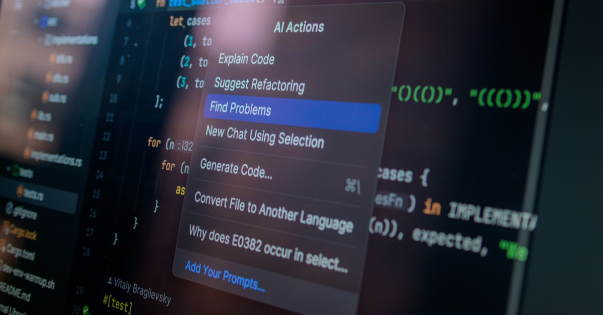 An AI coding assistant menu showing code review actions, the kind of tool an AI and LLM penetration test examines